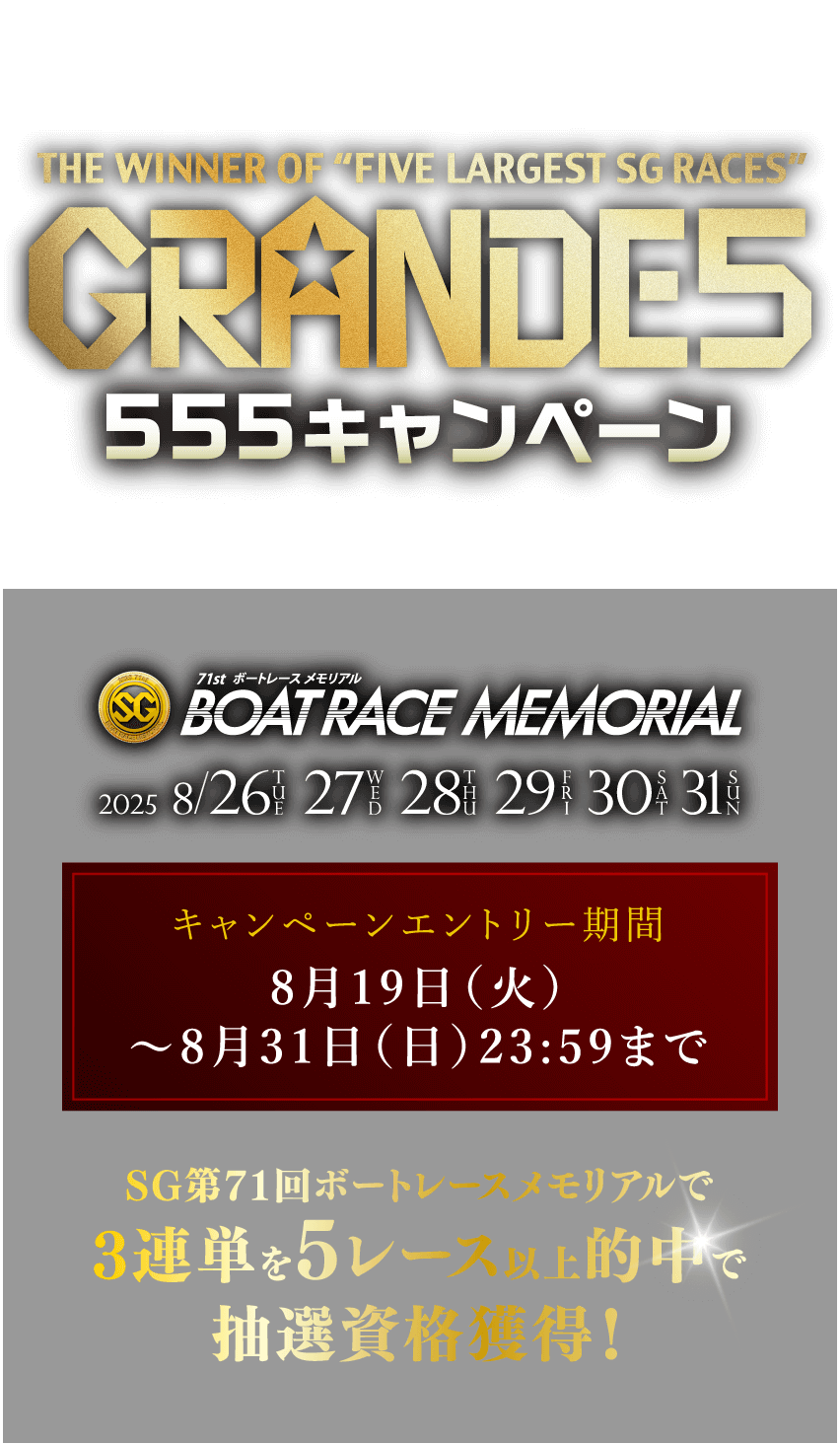 GRANDE5 555キャンペーン　 2025 8/26 27 28 29 30 31 キャンペーンのエンリー期間 8月19日（火）～8月31日（日）23:59まで　SG第71回ボートレースメモリアル3連単を5レース以上的中で抽選資格獲得！