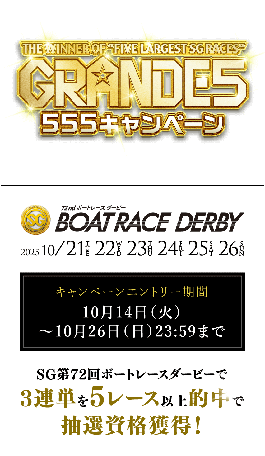 72nd ボートレースダービー　 2025 10/21 22 23 24 25 26 キャンペーンエンリー期間 10月14日（火）～10月26日（日）23:59まで　SG第72回ボートレースダービーで3連単を5レース以上的中で抽選資格獲得！
